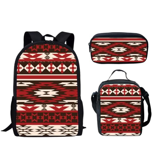 GLENLCWE Southwest Antique Print Backpack for Girls,Lightweight Indian Aztec Stripe School Backpack Bookbag and Insulated Lunch Bag Pencil Case for Kids