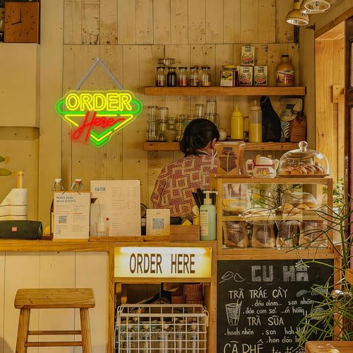 Image of Order Here Neon Sign Coffee Store Colorful Wall Light for Restaurant Decor | 16.1IN*10.6IN,Five level brightness adjustment,USB powered,For Coffee Kitchen Corner Club Window Decor,Party Gifts