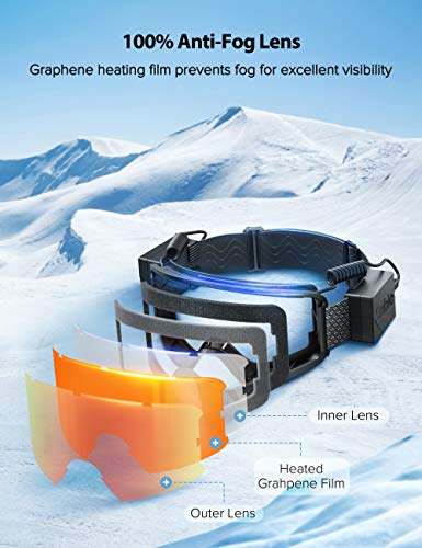 Ski Snowboard Goggles with Heated Graphene Anti-Fog Lens Charged Snow Sport Goggles Far Infrared Over-Glasses Double Lenses Helmet for Men, Women & Youth, Skiing Compatible UV Full Protection for Eyes