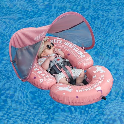 Image of HECCEI Mambobaby Baby Pool Floats Hammock with Canopy - Portable Swimming Floating Toys Self-Inflating Water Hammock Pool Raft Floatie Lounger for Baby Summer Lake Beach UPF50+, Pink