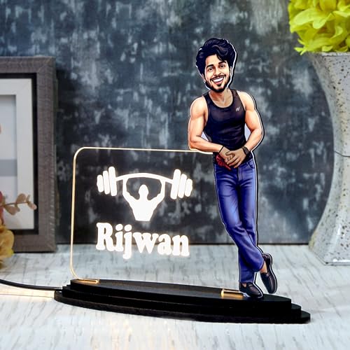 Image of customized gift for men - Bodybuilder Caricature with LED Acrylic Name Plate, Gym Sando Style Personalized 3D Standee.