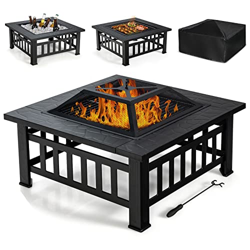 GOPLUS Brasero de Jardin Carré en Fer,Table de Foyer Maille et Couvercle Pare-étincelles avec Tisonnier Long,Grand Bac de Rangement pour Chauffage et Barbecue Glacière 81x81x50cm