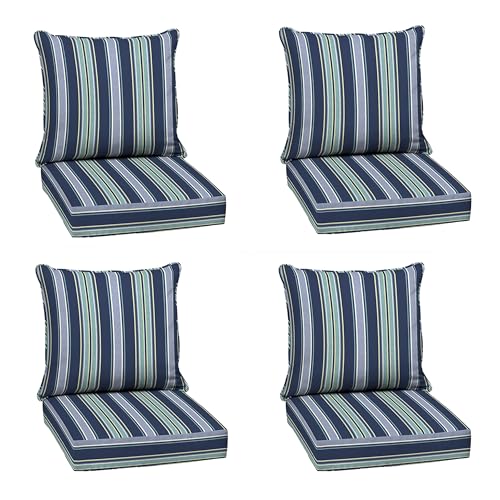 Image of Arden Deep Seat Outdoor Chair Cushion Set (4-Pack), 24 in x 24 in, Weather-Proof, Rain-Proof, Fade Resistant Patio Cushion Set for Chair, Sofa, and Couch Sapphire Aurora Blue Stripe