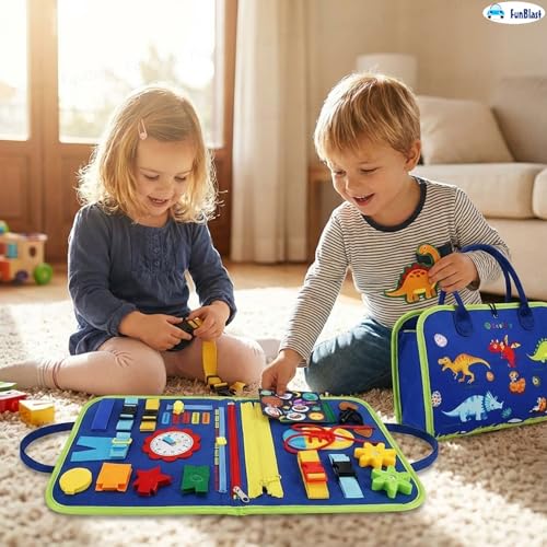 Image of FunBlast 12 in 1 Toddler Busy Binder & Busy Book for Toddlers 1-3 Years - Montessori Busy Board & Activity Book for Kids 2-4 - Educational Busy Book for Learning (Dinosaur)