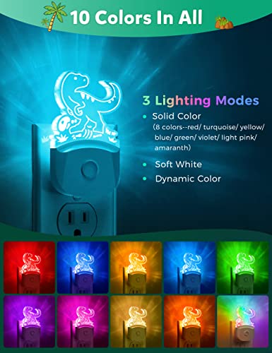 Image of DORESshop Dinosaur Night Light for Kids [2 Pack], 8 Color Changing Plug in Night Lights for Baby with Dusk to Dawn Sensor, Nightlight for Bathroom Decor, Children Room, Dinosaur Toys Gifts