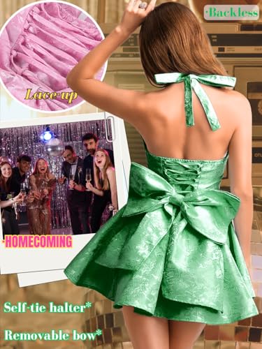 Image of ShawGobow Jacquard Corset Dress,Deep V Halter Mini Dresses with Bow Back,Sexy Birthday Outfits Women Homecoming Prom Formal