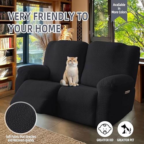 Image of Genina Recliner Loveseat Covers, Stretch Reclining Sofa Covers, 2 Seater Couch Cushion Stripe Jacquard Recliner Slipcovers - Furniture Protector Covers for Pet Kid (Black)