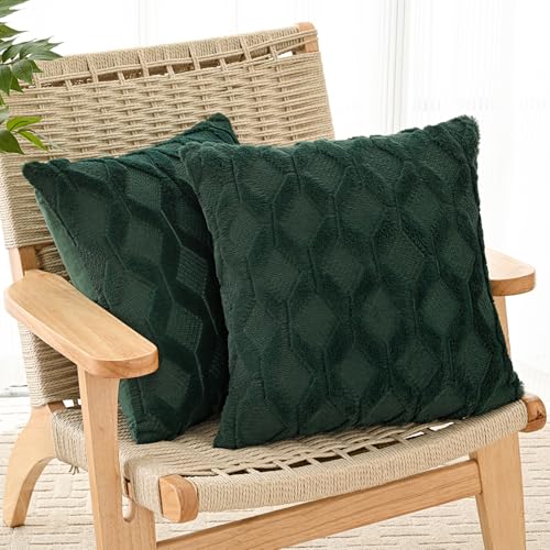 Volcanics Pack of 2 Faux Wool Throw Pillow Covers 20x20 Inches Decorative Farmhouse Velvet Couch Pillow Case Soft Plush Square Boho Cushion Pillowcase, Dark Green