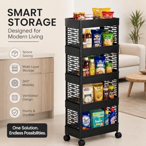 Image of wall love Plastic Storage Rack Trolley with Wheels for Kitchen, Bathroom & Bedroom - Multipurpose Organizer Shelf Rack for Fruits, Toiletries, Snacks and Household Storage (5 Layer)