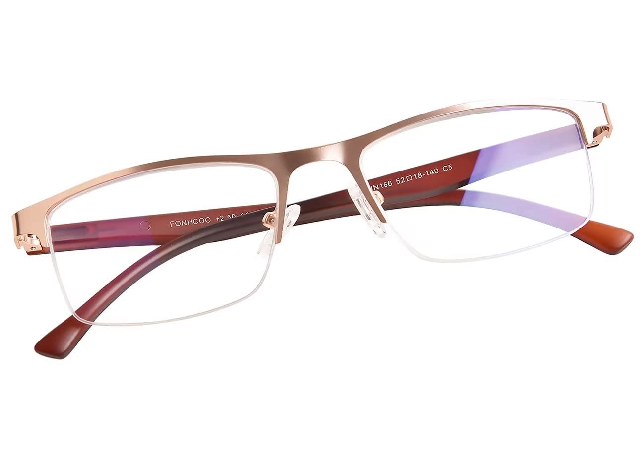 FONHCOO Reading Glasses for Women Men, Blue Light Blocking Reading Glasses Metal Half Frame Computer Readers Anti UV/Glare