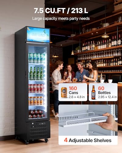 Image of VEVOR Commercial Merchandiser Refrigerator, 7.5 Cu.Ft / 213 L Glass Door Display Refrigerator, Upright Beverage Cooler with Customizable Lightbox, 4 Adjustable Shelves & Soft LED Light for Homes Shops