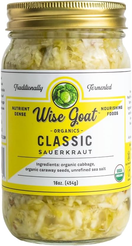 Raw Organic Fermented Unpasteurized Sauerkraut, “Classic” Variety [Vegan, Gluten Free, Non-GMO, Probiotic] 16 oz Glass Jar by Wise Goat Organics