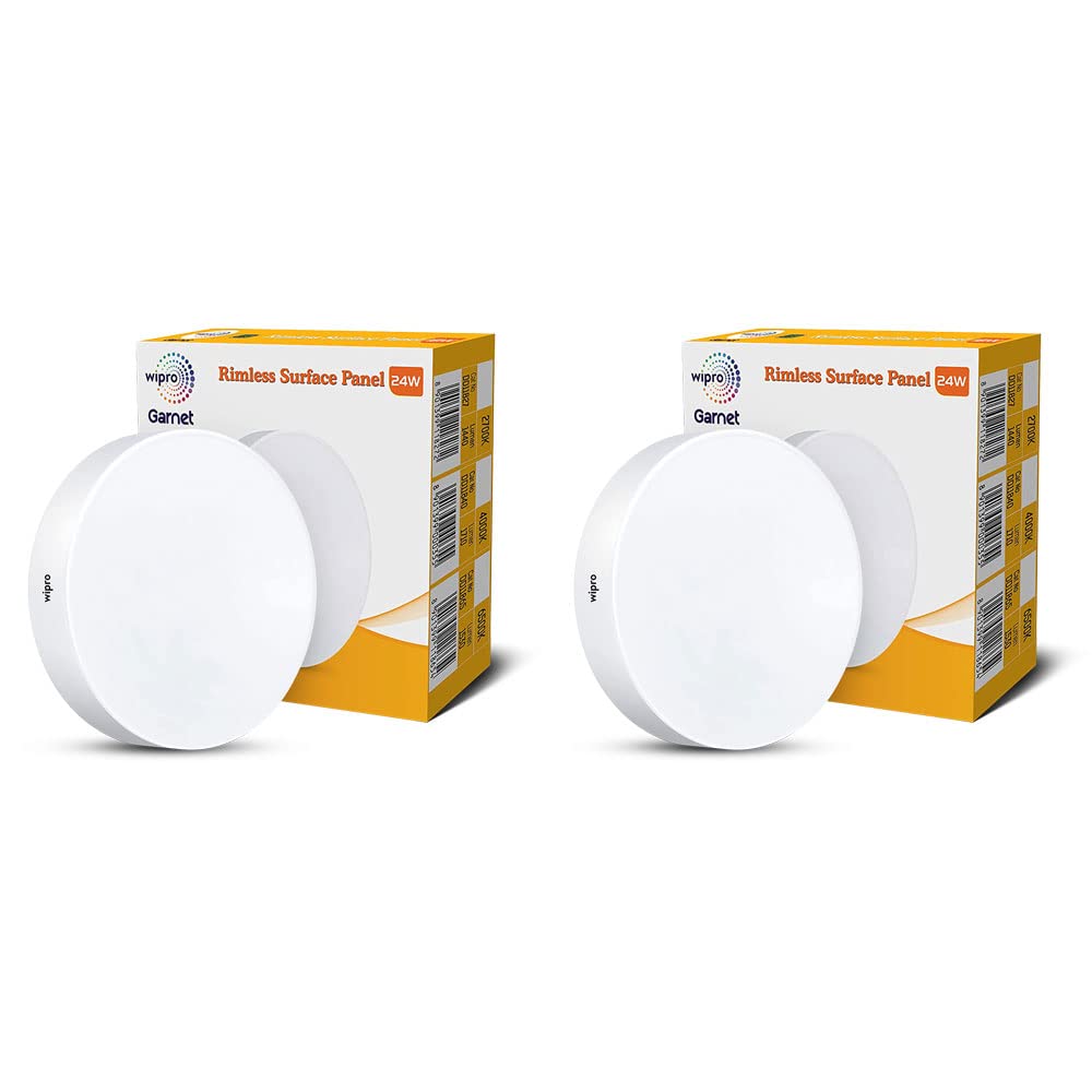 Wipro Polycarbonate Garnet 24W Rimless Round Led Surface Panel | Cool White Light (6500K) | Elegant Rimless Design for Wider Spread of Light | Surface Mounted Led Down Light for Ceiling | Pack of 2