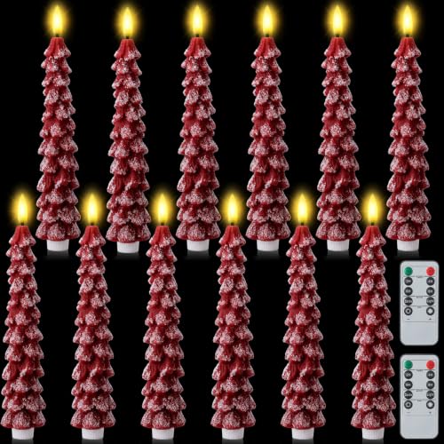 Image of Funtery 12 Pcs Flameless Christmas Tree LED Candles, Red, Snowfall | 9.7 Inch LED Taper Christmas Candles Battery Operated,Flameless Flickering, for Xams Holiday Party Room House Home Decor