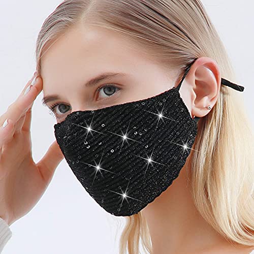 Image of Sparkly Sequins Mouth Masc Fashion Designer Glitter Cotton Face Cover With Adjustable Ear Loops Reusable Masquerade Party Nightclub Rave Festival Sequins Face Covering (Black)