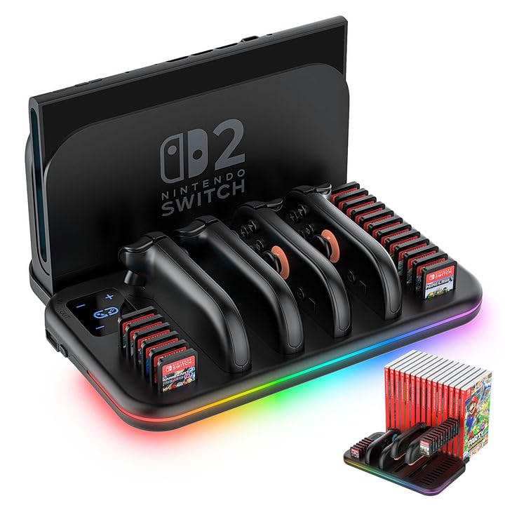 Image of Charging Dock for Nintendo Switch 2 Joy Con, RGB Docking Station for Joycons Controller, Switch 2 Accessories with 18 Game Card Slots
