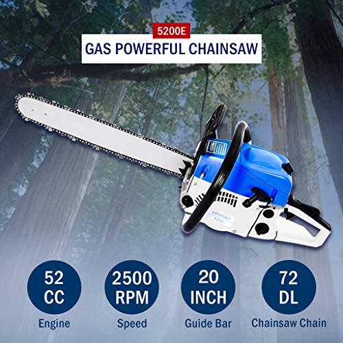 52cc Gas Chainsaw 20 Inch Power Chain Saws - 2-Stroke cordless Handed Petrol Chainsaws Gasoline Chain Saw Garden Tool for Cutting Wood Outdoor Home Farm Use (Blue)