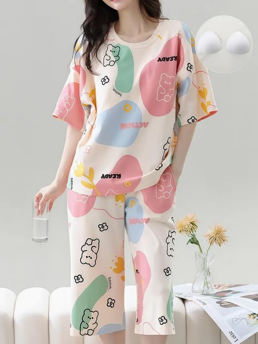 Image of Lunza Women's Cotton Pajama Set with Top & Pants|| Korean Night Suit|| Lightweight Printed Set || Soft & Comfy Sleepwear for Girls & Women