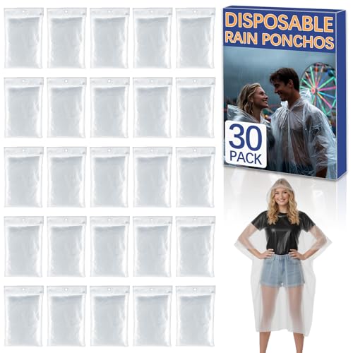 HeatPure 30 Pack Disposable Rain Ponchos for Adults Emergency Clear Poncho with Hood Waterproof Bulk Plastic Rain Coat Family Pack for Hiking Camping Travel