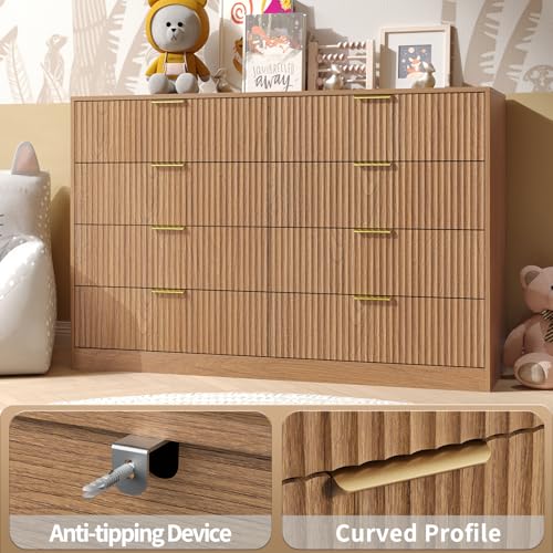 Image of Fluted Dresser for Bedroom with 8 Drawer, 55 inch Wide Wooden Dresser Mid Century Chest of Drawers w /Gold Handle, Fluted Dressers TV Stand Closet Storage Organizer for Living Room, Natural Oak