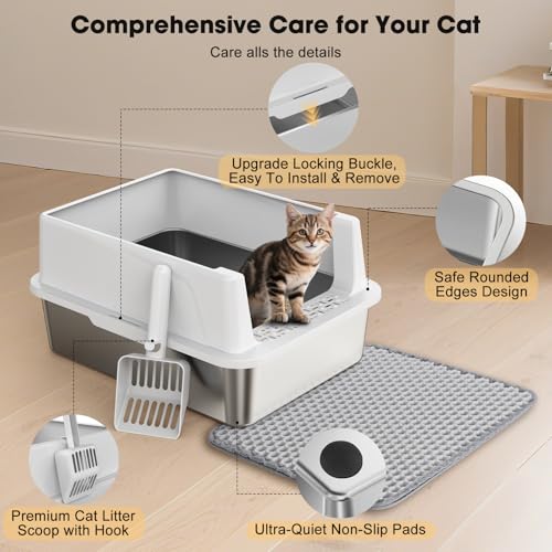 FURTIME Stainless Steel Cat Litter Box with Lid – High-Sided Metal Litter Pan for Small Cats, Kitty Litter Box Non-Stick, Odor-Resistant, Anti-Urine Leakage, Easy to Clean, Includes Scoop and Mat #4