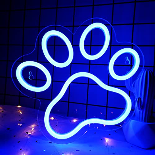 Image of Dog Paw Print Neon Sign - Dimmer Blue Led Neon Signs for Wall Decor 9.8 X8.6 Inch, USB Powered Neon Lights for Bedroom, Children's Room, Birthday Gifts, Cute Decoration(Blue)