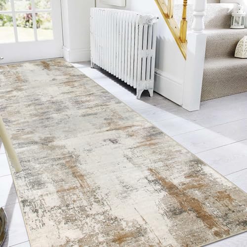 Alfombra pasillo larga beige abstracta de diseño lavable 4