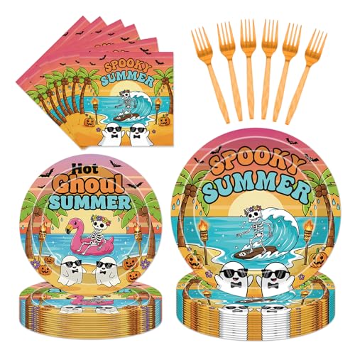 Papiailove 96Pcs Summer Halloween Party Decorations - Halloween Plates Napkins and Forks Tropical Spooky Ghost Disposable Tableware Set for Coastal Halloween Birthday Pool Party Beach Decor