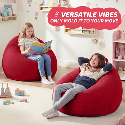 Image of HABUTWAY 2FT Bean Bag Chair 2-Pack, 2' Beanbags Small Bean Bag Chairs with Filling, Teardrop Bean Bag Chair Luxurious Velvet Ultra Soft Fur with Removable Cover(Red)