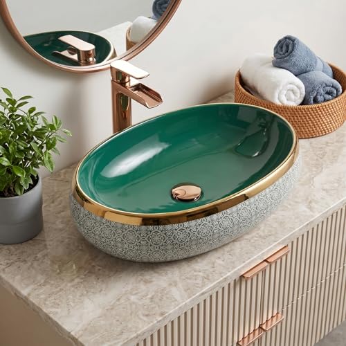 Image of BASSINO 24x16x6 Inches Table Top Washbasin /1 Year Warranty /Ceramic Wash Basin for Bathroom /Oval Shape Counter Top Wash Basin for Restaurant /Dining Hall /Living Room /Home(Glossy Green & Gold)