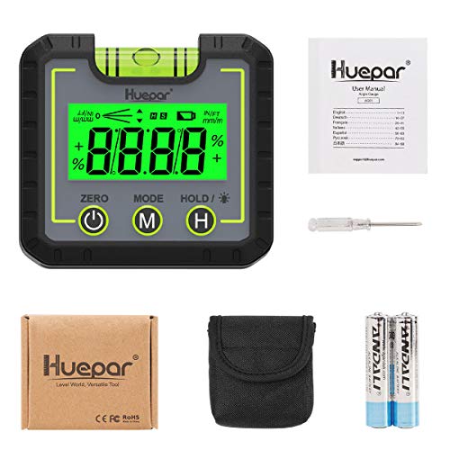 Huepar Digitale Wasserwaage Mini Elektronischer Winkelmesser Digital Level Box mit V-Nut Magnetfuß & Hintergrundbeleuchtung LCD Fasenlehre Neigungsmesser für Schreinerei, Baugewerbe, 0~360° AG01