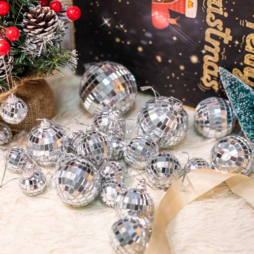 Set de 28 bolas espejadas mini plateadas y 1 bola espejada rosa de 6 pulgadas para decoración de fiestas temáticas de los 70, Navidad, cumpleaños y bodas miniatura 2
