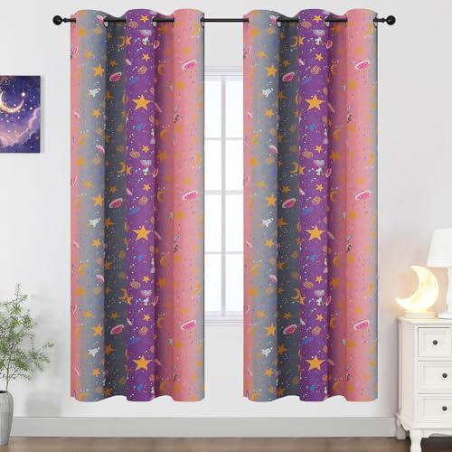 Image of Pink Purple Grey Rainbow Blackout Curtains for Girls Bedroom 72 inches Long