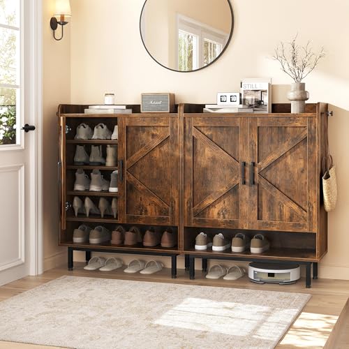 Image of Yaheetech Shoe Storage Cabinet with Doors, Farmhouse Shoe Cabinet with 2 Adjustable Shelves and 4 Side Hooks, Wooden Shoe Rack Organizer Cabinet for Entryway, Foyer, Hallway, Rustic Brown
