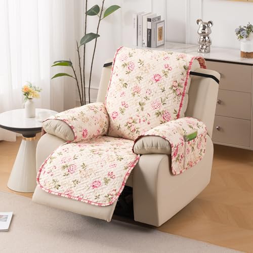 Image of HOKIPO Quilted Recliner Mat 1 Seater, with Side Pockets, Beige Peonies