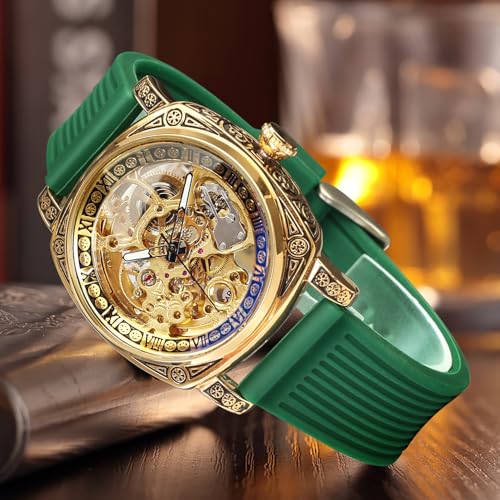 Image of FORSINING Fancy Watches for Men, Square Retro Mechanical Watch Self-Wind Carved, Gear Movement Golden Skeleton Automatic Watches Vintage Leather Strap Wrist Watch