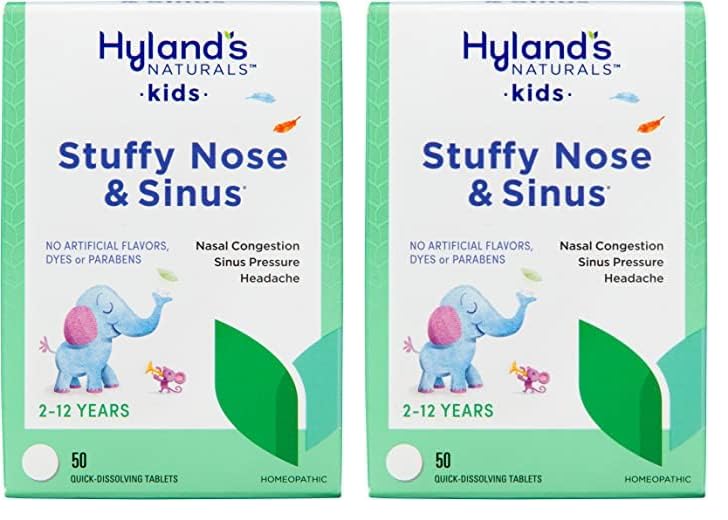 Hyland'sNaturals Kids Stuffy Nose and Sinus Tablets, Cold and Allergy Medicine for Children Ages 2 and up, Headache Relief and Nasal Decongestant, Quick Dissolving Tablets, 50 Count (Pack of 2)