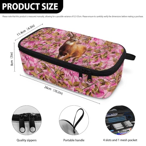 Image of Deer Pencil Pouch for Girls Pink Forest Camo Pencil Bag for Kids Portable Large Pen Container with Mesh Pockets for School Students