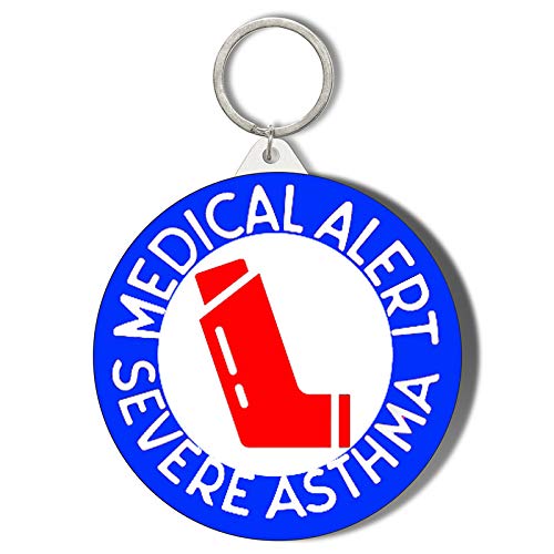 Gift Insanity MEDICAL ALERT, SEVERE ASTHMA, RED INHALER, BLUE BACKGROUND WHITE LETTERING 45mm Keyring