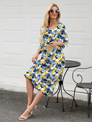 Heymoments Women's Dresses Flower Dreamland XX-Large Crewneck 3/4 Sleeves Wedding Guest A line Casual Flowy Swing Party Vintage Spring Fall Winter Travel 2026 Long Midi Dresses with Pocket — view 4
