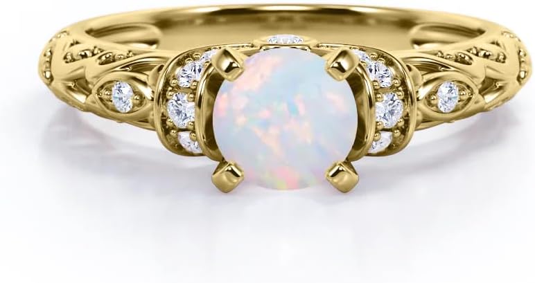 White Opal Engagement Rings for Women Center 1 CT Brilliant Round Cut Opal Ring with Moissanite in 10K 14K 18K Gold October Birthstone Rings for Her