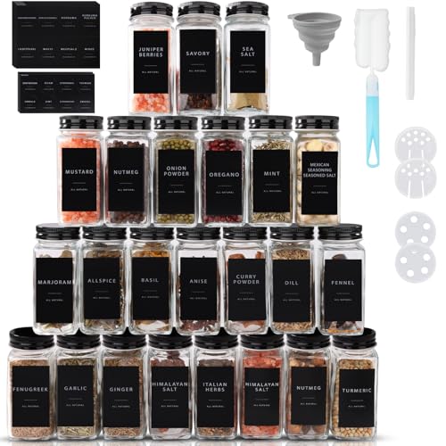 FoiiLiio 24pcs Botes Especias Cristal, 120ml Hermeticos Tarros Cristal con Tapa de Rosca, Frascos Especiarias Cuadrado, inclui Tamiz, Etiquetas, Cepillo, Embudo