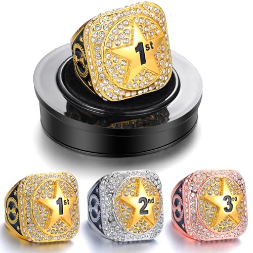 Highergo 3 Pcs 1st 2nd 3rd Place Championship Trophy Ring with Display Neck Chain and Stand Finalist Participant Gold Silver Bronze Tone Finalist Participant Ring for Finalist Participant Match