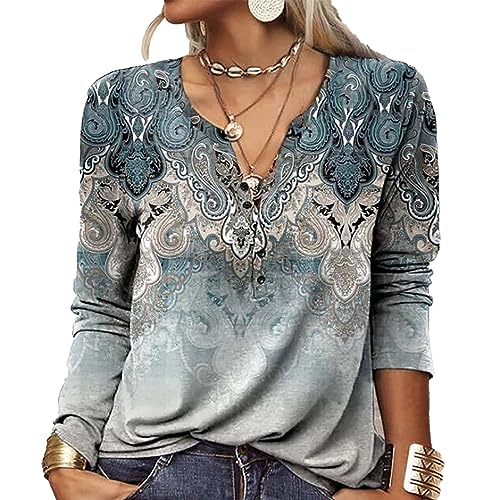 Womens Shirts Boho Ethnic Floral Long Sleeve V-Neck T-Shirts 2023 Fall Fashion Half Button Loose Blouses