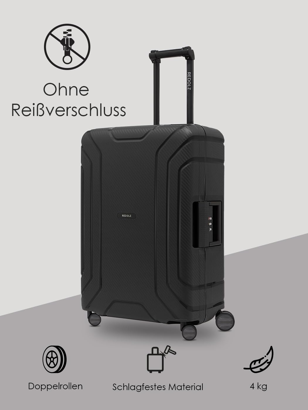 REDOLZ Essentials 15 artykułów podstawowych, Deep Black, M (65 cm), Walizka z twardą obudową z rolkami obrotowymi