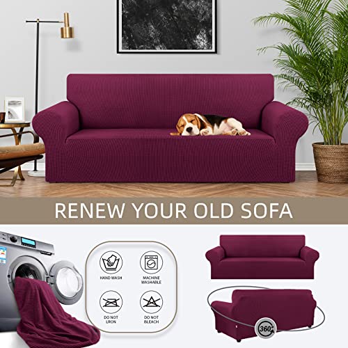 KEKUOU Stretch Sofa Cover Slipcover ,Couch Covers for 3 Cushion Couch Sofa pet Friendly (78"-94") Furniture Protector Sofa with Elastic Bottom for Kids,Dog, Jacquard Small Checked(Large,Wine)
