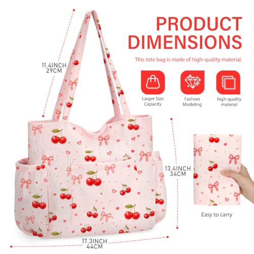hatisan Cherry Bow Corduroy Tote Bag for Women, Cute Coquette Shoulder Bag - image 8
