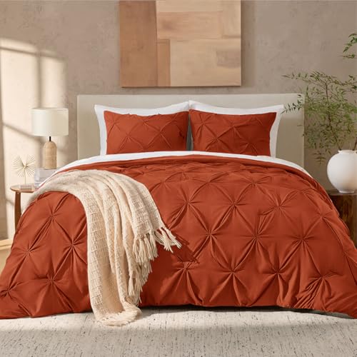 Image of Andency Queen Pinch Pleat Comforter Set (90 inchx90 inch),3 Piece Lightweight Pintuck Bedding Comforters & Sets, Fluffy Down Alternative Comforter with 2 Pillow Shams for All Season,Terracotta