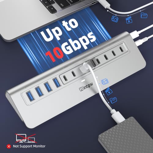 Image of Powered USB Hub 10Gbps, intpw 12-Port USB 3.2 /USB C Hub (4 x USB-A 3.2 + 6 x USB-C 3.2 10Gbps +2 x PD 45W Fast Charging Ports), 3Ft Cable, Aluminum USB Hub for PC /Laptop /iPhone 17 /16 /MacBook Neo