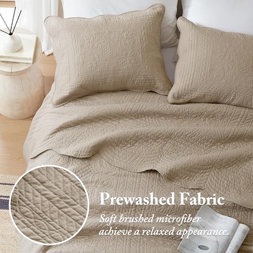Image of Madison Park Cottage Damask Coverlet Set, 3 PC Full /Queen Quilt Set | Scallop Edge, All Season Oversized Bedding with Pre-washed Cotton-Filled Quilt, Shams, Khaki